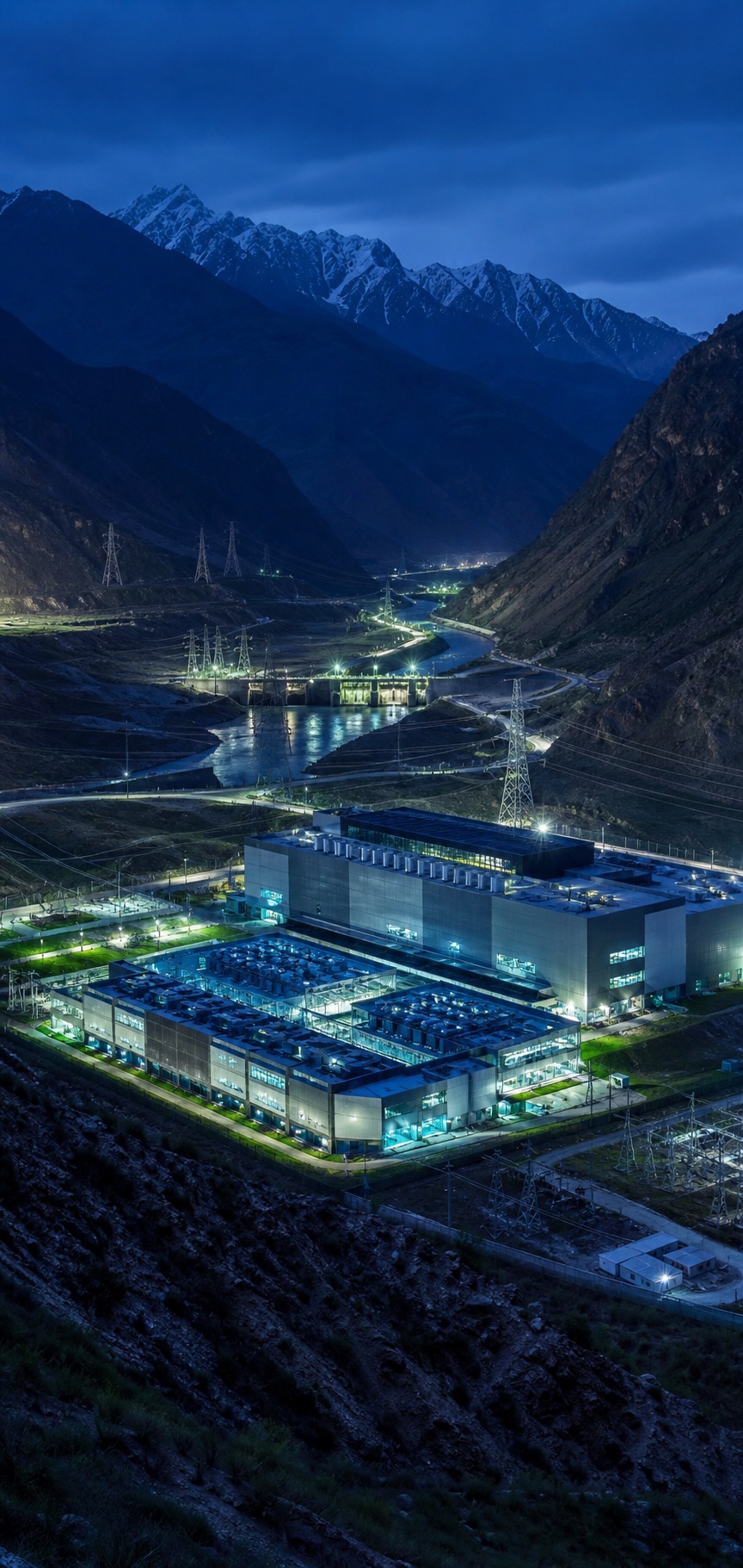 Hydroelectric infrastructure powering a high-performance computing campus in a mountain valley