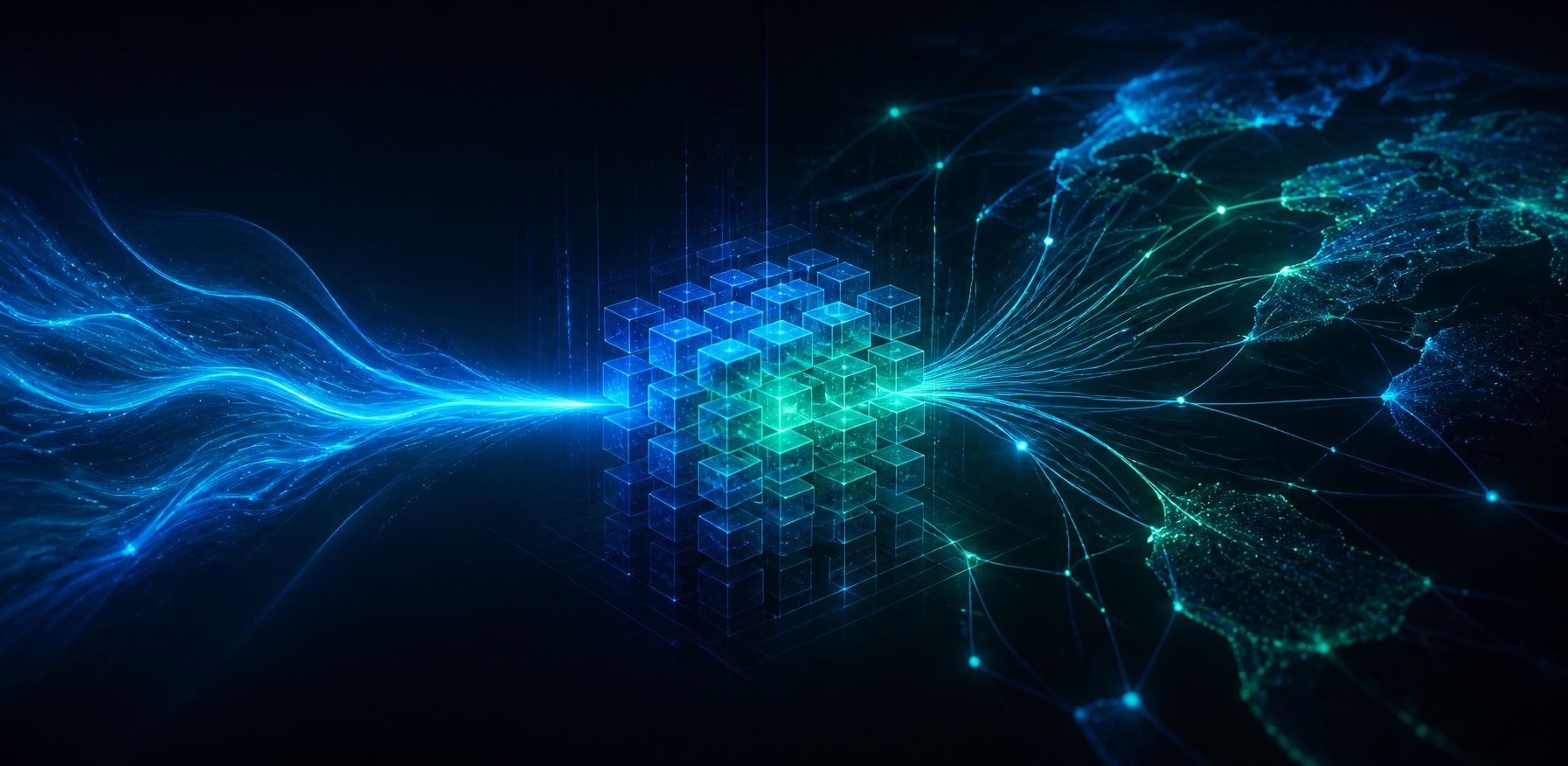 Abstract visualization of energy flowing through compute into a global network